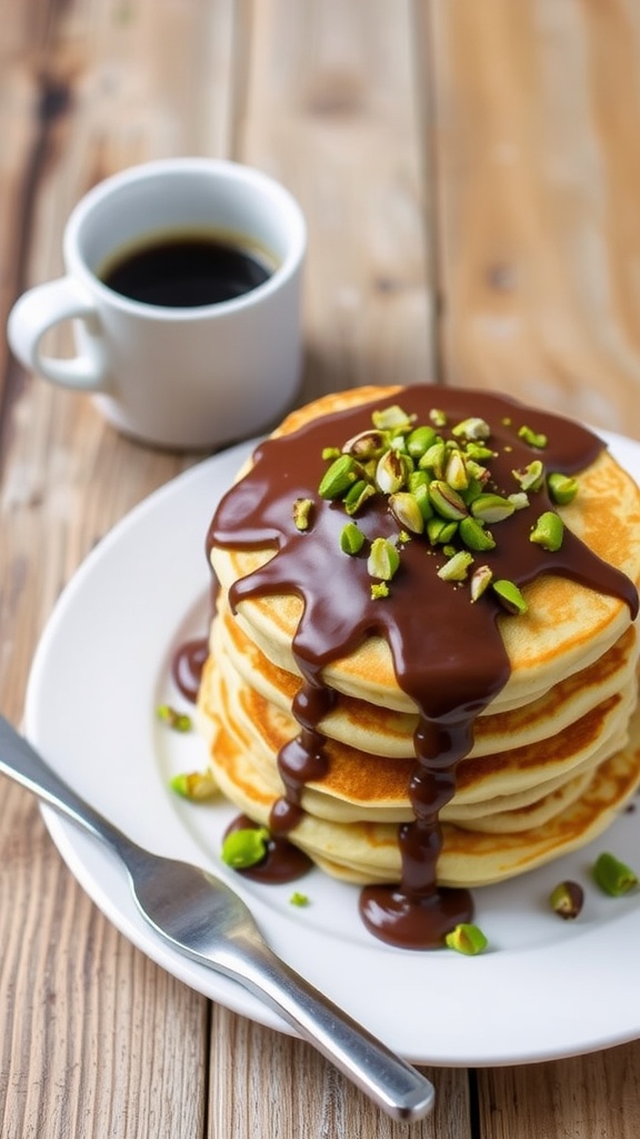 Stack of fluffy pancakes with melted Dubai Chocolate and crushed pistachios on a rustic wooden table.